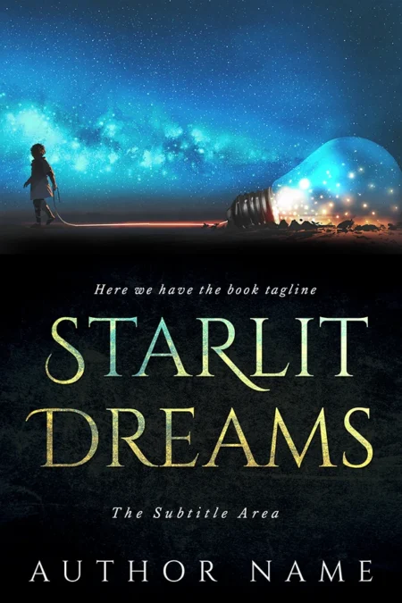 Starlit Dreams book cover featuring a child looking at a glowing lightbulb against a starry night sky.