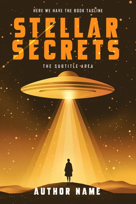 A book cover titled "Stellar Secrets" featuring a vintage-inspired illustration of a UFO beaming light onto a lone figure in a desolate, starry landscape.