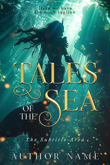 Tales of the Sea book cover featuring a silhouette of a mermaid swimming underwater with vibrant light rays and aquatic scenery.