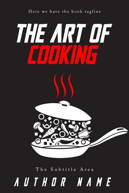 A book cover titled "The Art of Cooking" featuring a stylized illustration of a frying pan filled with various ingredients, with steam rising from the pan, set against a black background.