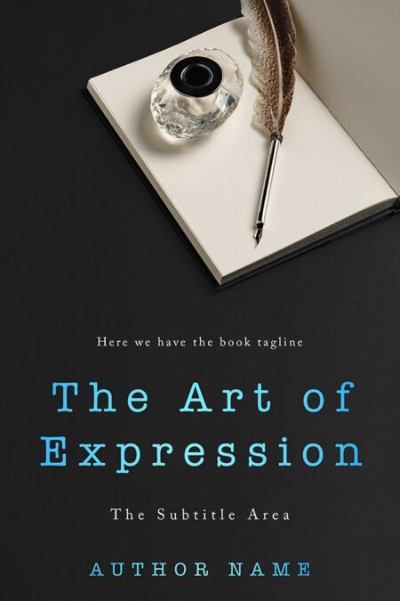 A book cover titled "The Art of Expression" featuring a minimalist design with an open notebook, a feather quill pen, and an ink bottle set against a black background.