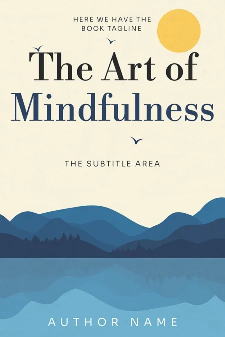 The Art of Mindfulness book cover featuring a minimalist design with blue mountains and a yellow sun.