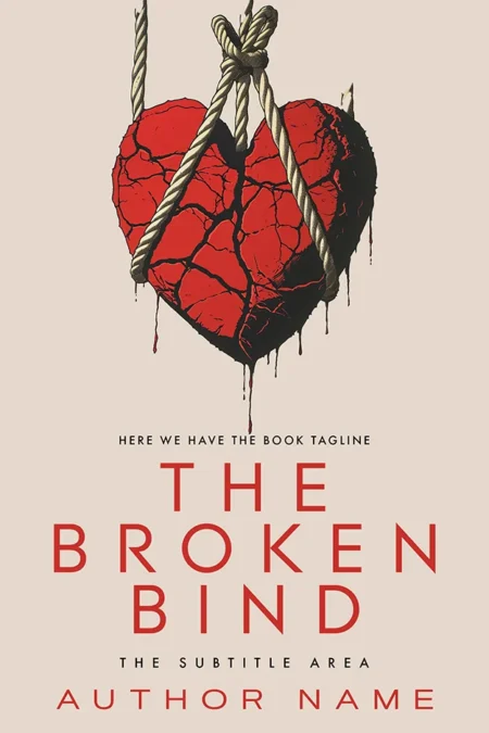 A book cover titled "The Broken Bind" featuring a striking illustration of a cracked red heart bound by thick ropes, set against a light beige background.