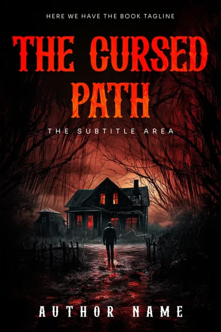 A book cover titled "The Cursed Path" featuring a dark and eerie scene with a lone figure walking towards a haunted-looking house, set against a blood-red sky and surrounded by twisted, black trees.