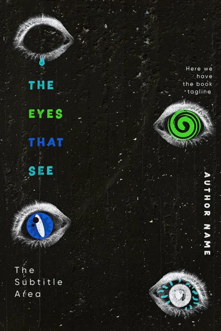 The Eyes That See book cover featuring abstract eye illustrations on a textured black background.