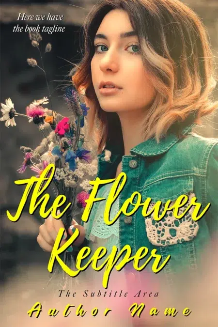 Charming book cover design titled "The Flower Keeper" with an illustration of a young woman holding a bouquet of wildflowers.