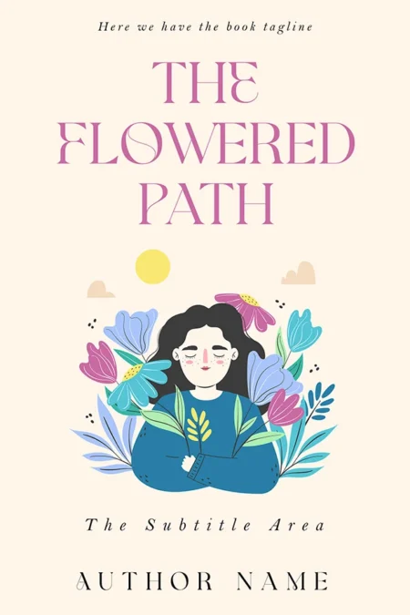 A book cover titled "The Flowered Path" featuring an illustrated woman surrounded by vibrant, blooming flowers against a soft, pastel background.