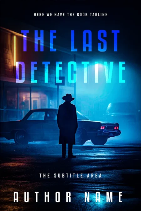 A book cover titled "The Last Detective" featuring a silhouette of a detective in a hat and trench coat standing in a dimly lit street, with vintage cars and a neon-lit building in the background.