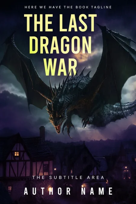 A book cover titled "The Last Dragon War" featuring a dark and intense scene with a menacing dragon flying over a medieval village at night.