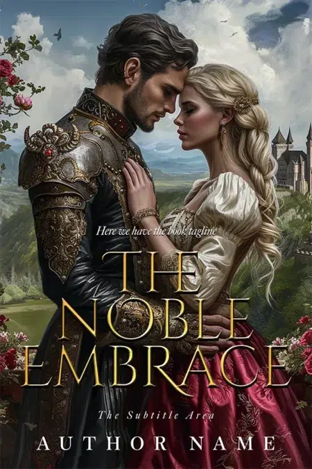 Historical romance book cover design titled "The Noble Embrace" with an illustration of a medieval couple in an intimate embrace.