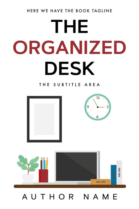 Productivity book cover design titled "The Organized Desk" with an illustration of a neatly arranged desk setup.