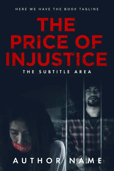A book cover titled "The Price of Injustice" featuring a distressed woman with a red tape marked "Justice" over her mouth, and a man behind prison bars, evoking themes of oppression and struggle.