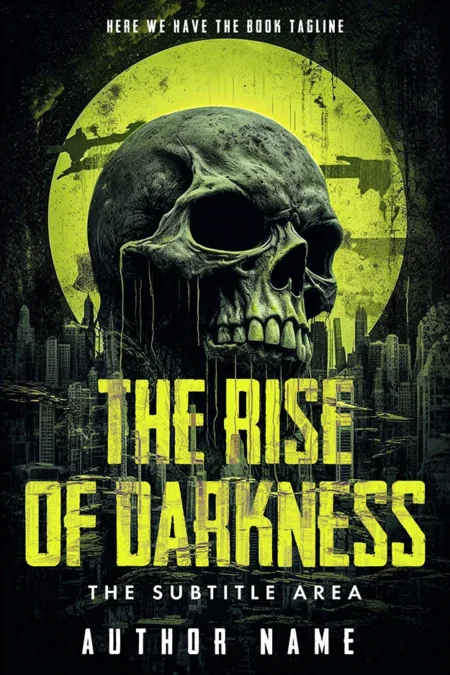 A book cover titled "The Rise of Darkness" featuring a large, ominous skull looming over a cityscape with a greenish-yellow background, creating a dark and eerie atmosphere.