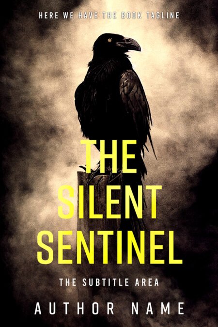 A book cover titled "The Silent Sentinel" featuring a dark, ominous raven perched on a weathered wooden post against a foggy, mysterious background.