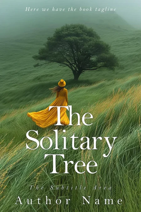 A book cover titled "The Solitary Tree" featuring a woman in a flowing yellow dress walking through a lush green field towards a solitary tree.