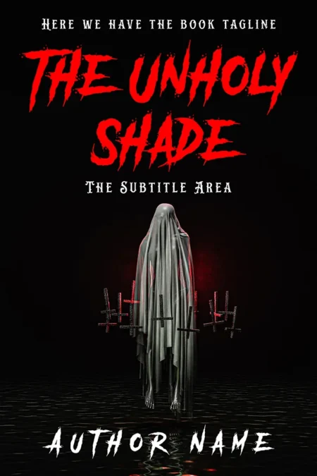 The Unholy Shade book cover featuring a ghostly figure shrouded in a dark cloak with inverted crosses in the background.