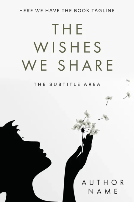 The Wishes We Share book cover featuring a silhouette of a person blowing dandelion seeds on a white background.