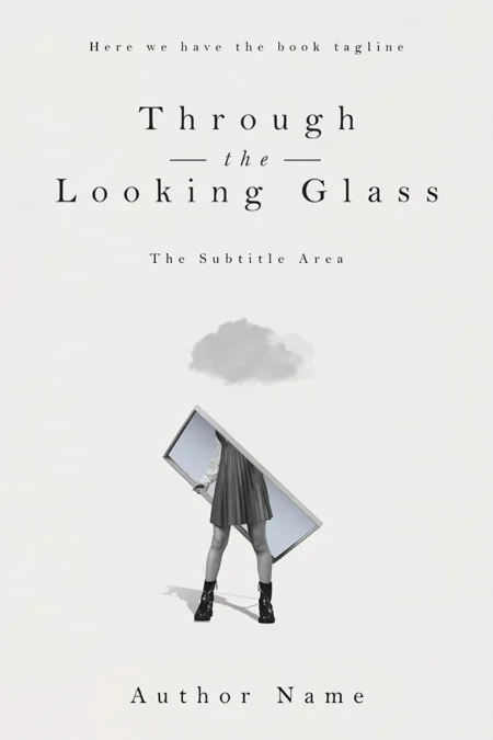 A book cover titled "Through the Looking Glass" featuring a surreal image of a woman holding a large mirror that reflects the sky and a cloud, creating a disorienting and artistic visual effect.