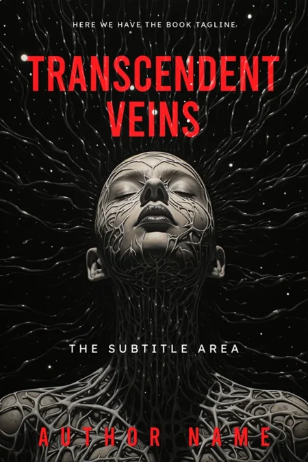 A book cover titled "Transcendent Veins" featuring a surreal illustration of a person's face and upper body intertwined with vein-like structures, set against a dark background with a cosmic feel.