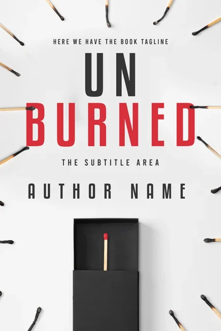 A book cover titled "Unburned" featuring a central unburned matchstick in a black box, surrounded by burnt matchsticks, symbolizing resilience and uniqueness.