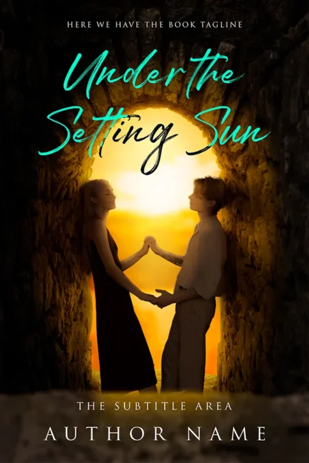 A book cover titled "Under the Setting Sun" featuring a romantic scene of a couple holding hands in a tunnel with the sun setting in the background.