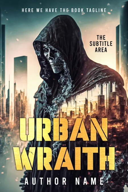 A book cover titled "Urban Wraith" featuring a menacing skeletal figure in a hooded cloak, set against a futuristic cityscape with towering skyscrapers and a haunting atmosphere.