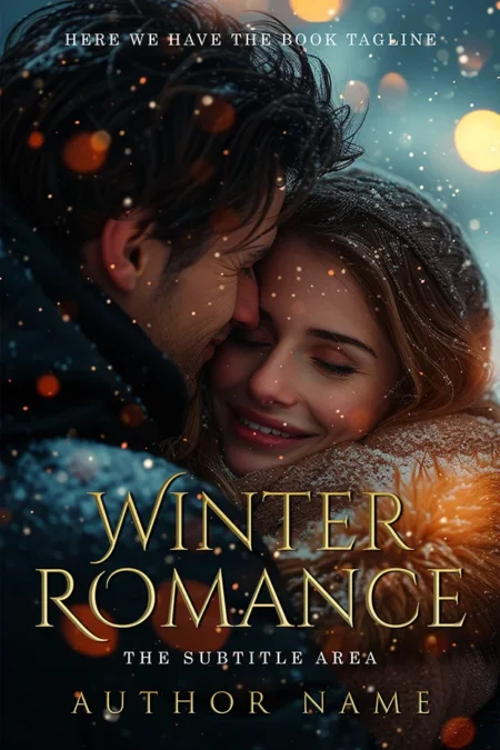 A book cover titled "Winter Romance" featuring a close-up of a couple sharing an intimate moment in the snow, with soft, glowing lights in the background.