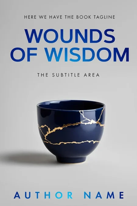 Wounds of Wisdom book cover featuring a navy blue bowl with golden cracks, representing the concept of finding beauty in imperfection and growth through adversity.