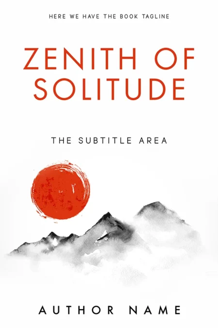 Minimalist book cover design titled "Zenith of Solitude" with an illustration of mountains and a red sun.