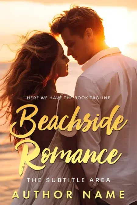 A romantic couple embracing on the beach at sunset, representing the "Beachside Romance" book cover design.