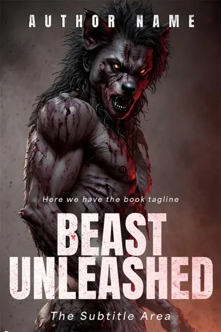 Dark and intense "Beast Unleashed" book cover featuring a ferocious werewolf, covered in blood with piercing yellow eyes and a menacing snarl.