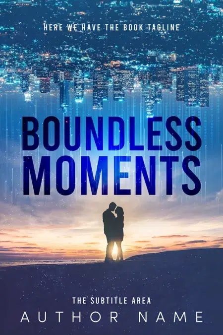 Romantic book cover with a couple embracing under a cityscape backdrop