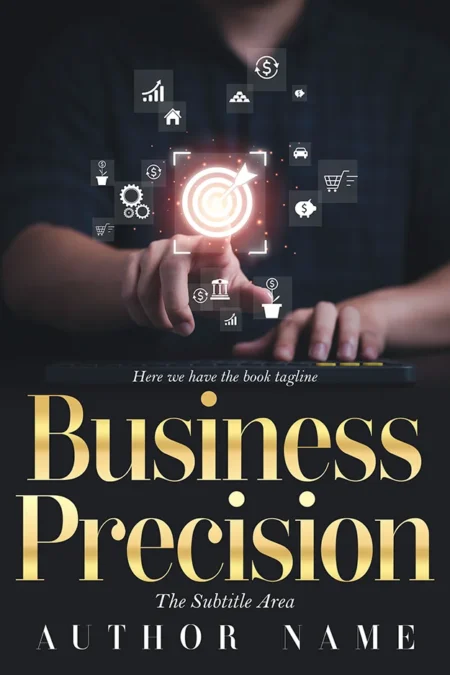 Business strategy book cover featuring a person pointing at a target symbol surrounded by various business icons on a dark background with the title "Business Precision."