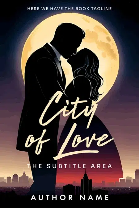 A silhouetted couple kissing under a full moon with a cityscape in the background, representing the "City of Love" book cover.