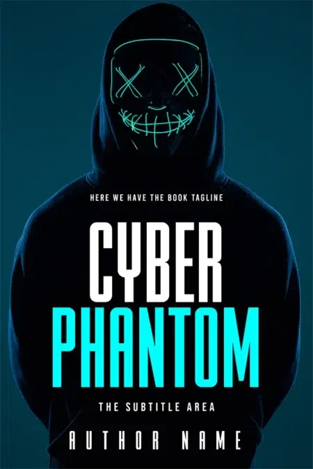 Book cover of "Cyber Phantom" featuring a hooded figure with a glowing neon mask against a dark background.