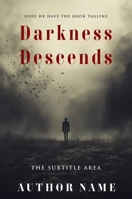 A book cover featuring the title "Darkness Descends" with a lone figure standing in a foggy field, surrounded by dark, swirling mist and birds.