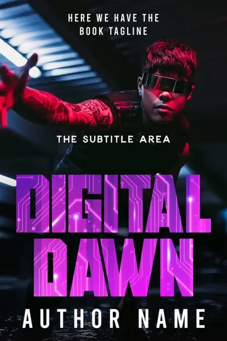 A futuristic book cover for "Digital Dawn" featuring a cyberpunk character wearing dark glasses and neon lights in the background.