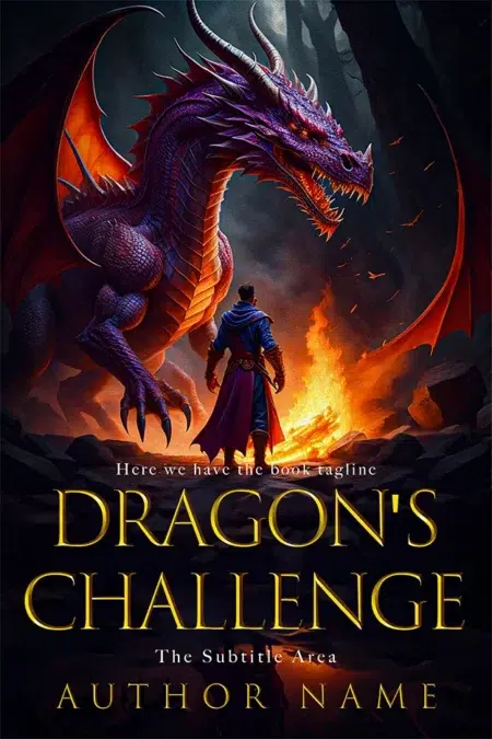 Fantasy book cover design titled "Dragon's Challenge" with an illustration of a hero facing a purple dragon in a fiery, dark forest.