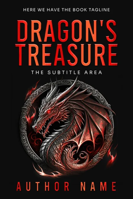 Fantasy adventure book cover featuring a fierce dragon encircling a treasure with a dark background and the title "Dragon's Treasure."