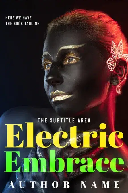 Futuristic book cover with a model painted in black and gold with neon accents