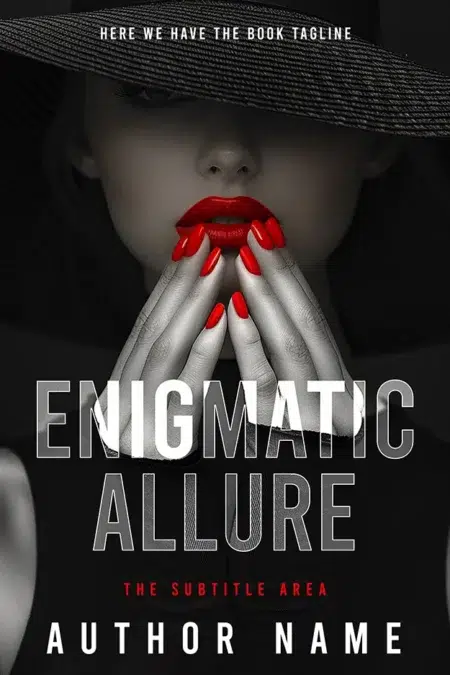 A mysterious book cover titled "Enigmatic Allure" featuring a woman with red nails and lips.