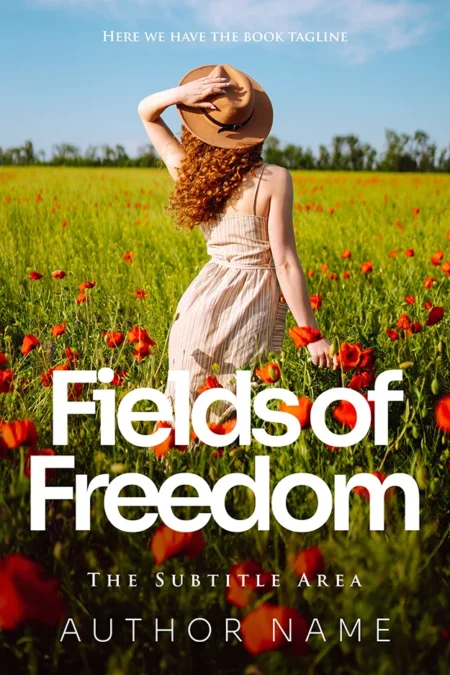 Romantic drama book cover featuring a woman in a field of flowers, wearing a hat and facing away, with the title "Fields of Freedom."