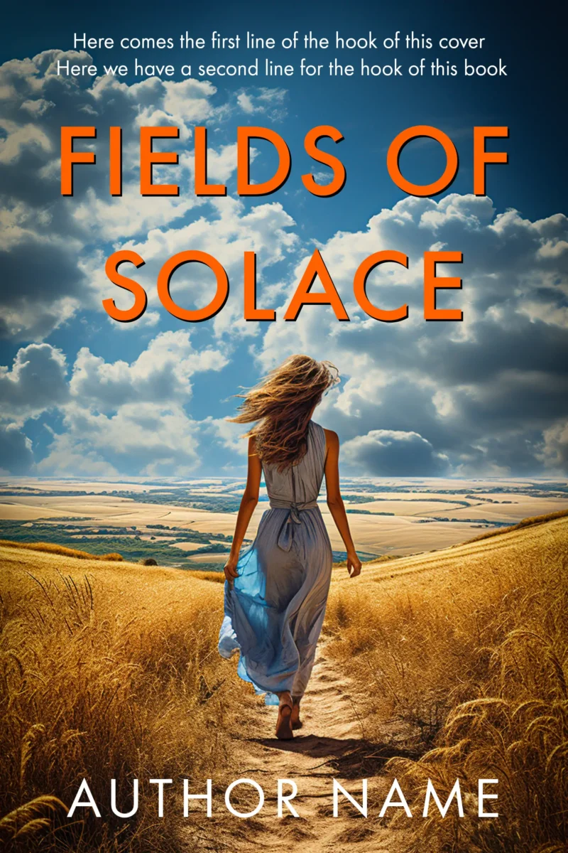 Premade book cover featuring a woman walking through golden fields under a dramatic sky, titled "Fields of Solace."