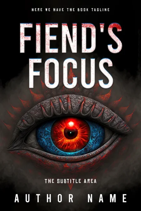 Horror fantasy book cover featuring a monstrous eye with fiery details against a dark background with the title "Fiend's Focus."