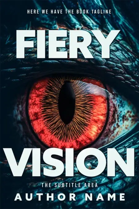 Fantasy book cover design titled "Fiery Vision" with a close-up illustration of a dragon's fiery eye.