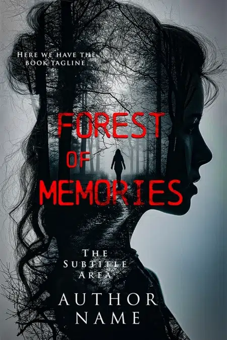 A silhouette of a woman's face intertwined with a dark, eerie forest, representing the "Forest of Memories" book cover.