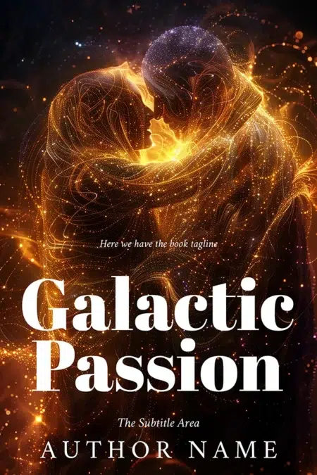 Galactic romance book cover featuring a couple embraced in glowing, cosmic lights.