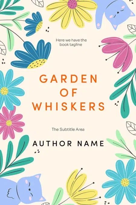 Whimsical book cover design featuring colorful flowers and cute cats.