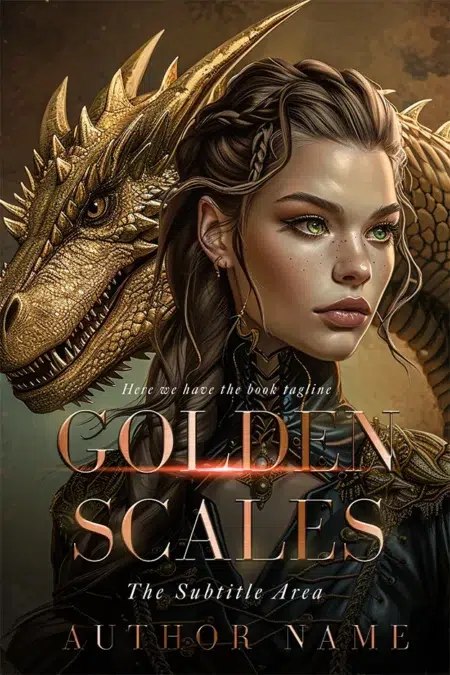 Epic "Golden Scales" book cover featuring a fierce dragon with golden scales and a determined warrior woman with braided hair.