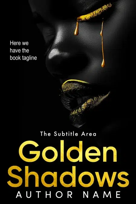 A dramatic book cover for "Golden Shadows" featuring a close-up of a face with golden tears and gold-accented makeup.